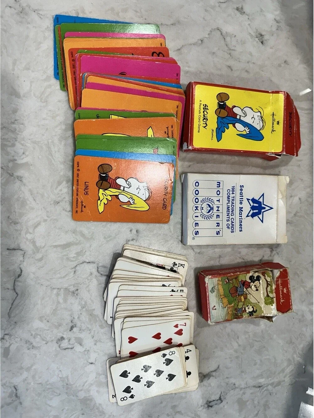 3 Vintage Cards, Seattle Mariners, Mickey Mouse Playing Cards, Peanuts Card Game